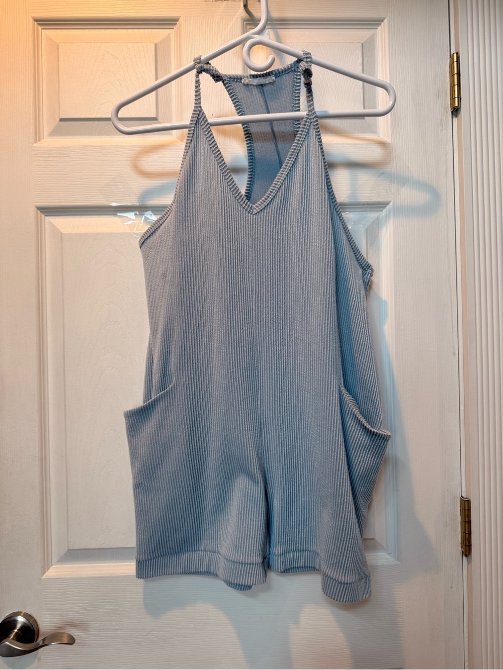 Light Blue Ribbed Sleeveless Romper Tank with Pockets